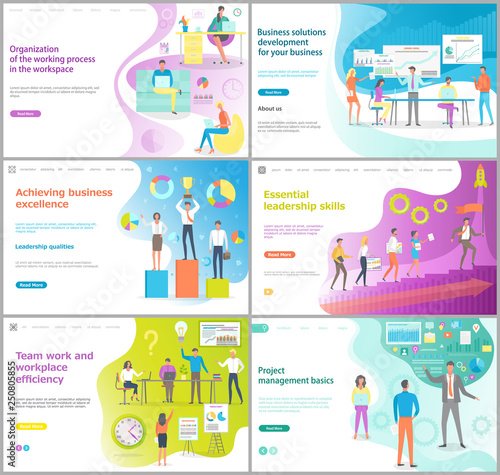 Organization of working process, achieving business excellence vector. Software development, people on meeting, seminar and workshops in office. Website or webpage template, landing page flat style