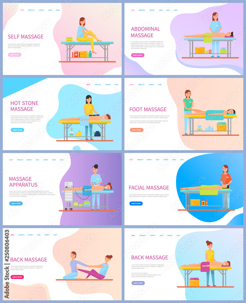 Massages and healthcare vector, masseuse services salon. Self and abdominal, hot stone and foot, apparatus and facial back massage procedures, treatment. Website webpage template landing page in flat