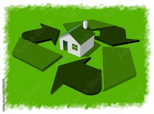 3D illustration. House in the middle of recycle symbol