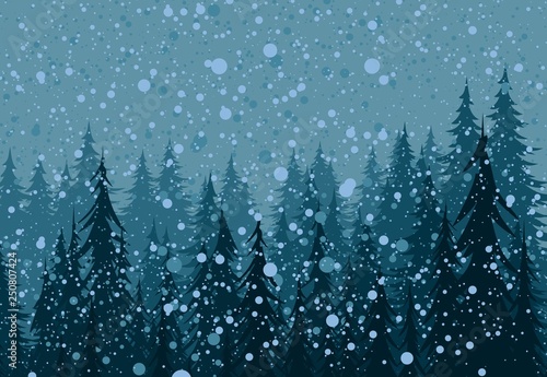 Snowfall in the forest.