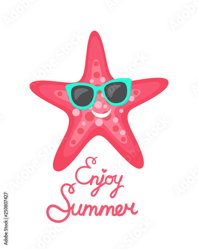 Enjoy summer holiday vector, summertime character of beach. Starfish smiling and wearing glasses, sunglasses protecting from sun, tropical creature