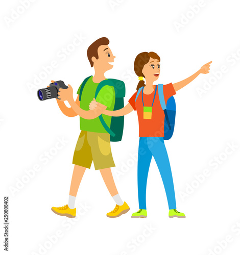 People with professional camera vector, man and woman spending day abroad sightseeing. Photographer with wife on vacation walking around calmly couple