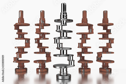 3D rendering. Crankshaft for 6v cylinders engine. Truck crankshaft on white background. Engine bearing crankshaft. photo