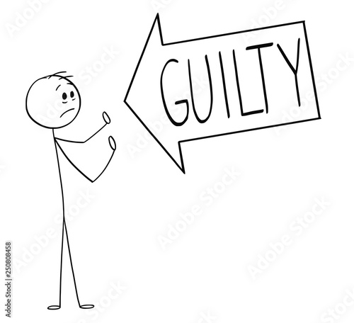 Cartoon stick figure drawing conceptual illustration of big arrow saying guilty pointing at man, marking some problem or blaming him.You text can be added.
