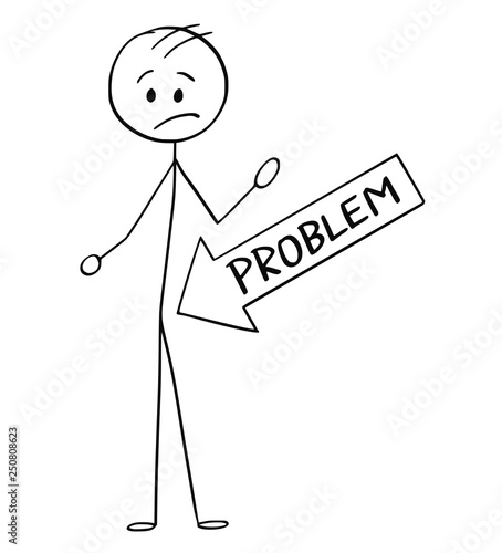 Cartoon stick figure drawing conceptual illustration of big arrow pointing at crotch or crutch or groin of man, marking some problem.