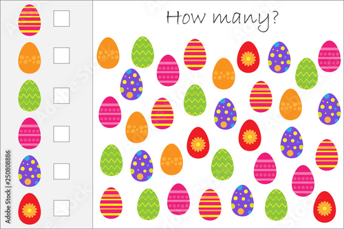 How many counting game with easter eggs for kids, educational maths task for the development of logical thinking, preschool worksheet activity, count and write the result, vector illustration