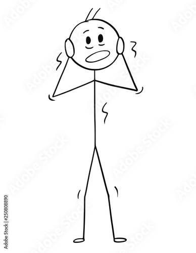 Cartoon stick figure drawing conceptual illustration of terrified or frightened man or businessman shaking in stress.