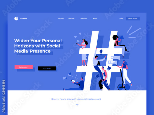 Relationship, online dating and networking concept - people sharing information via social media platforms and interacting with icons. Landing concept, cartoon style. Flat vector illustration