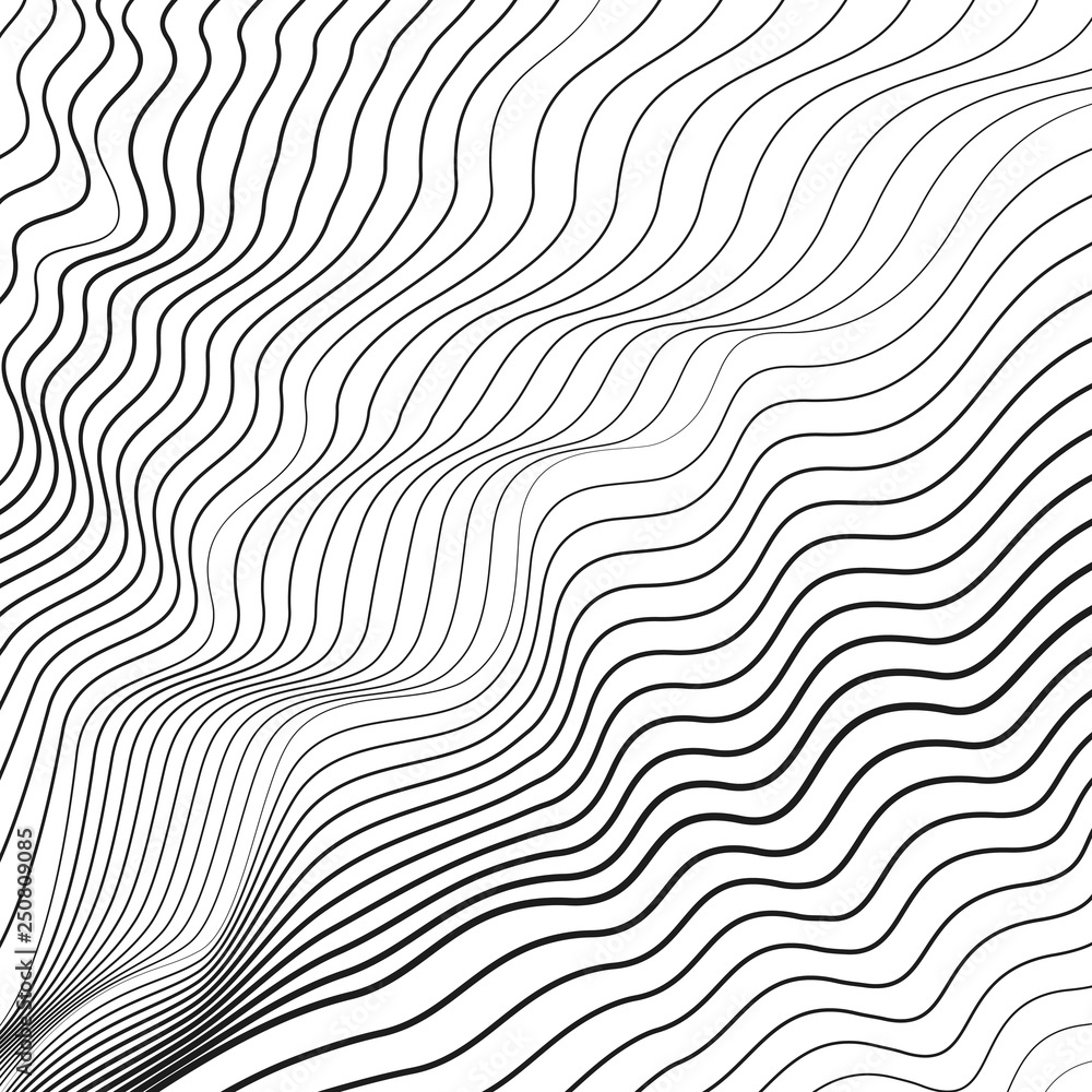 Squiggle, waving subtle lines. Vector stream pattern. Black and white dynamic waves. Abstract op art design. Thin curves. Creative background, ripple surface. Monochrome illusion. EPS10 illustration