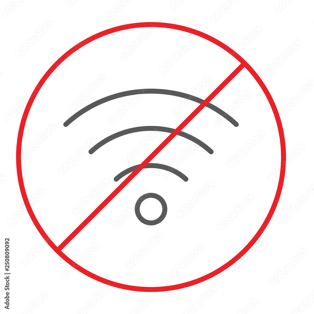 No wifi thin line icon, prohibited and ban, internet forbidden sign, vector graphics, a linear pattern on a white background. No wifi thin line icon, prohibited and ban, internet forbidden sign, vector graphics, a linear pattern on a white background.