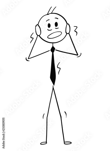 Cartoon stick figure drawing conceptual illustration of terrified or frightened businessman shaking in stress.