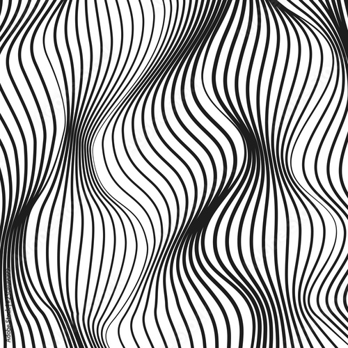Black and white liquid background. Vector squiggle thin lines. Abstract op art pattern. Undulating, waving subtle curves. Modern illusion. Scientific design concept. EPS10 illustration