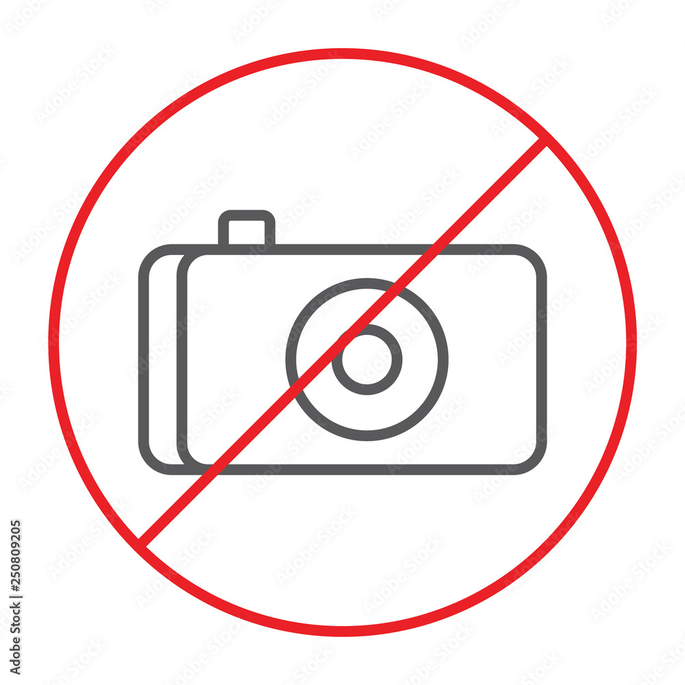 No photo thin line icon, prohibited and ban, no camera sign, vector graphics, a linear pattern on a white background. No photo thin line icon, prohibited and ban, no camera sign, vector graphics, a linear pattern on a white background.
