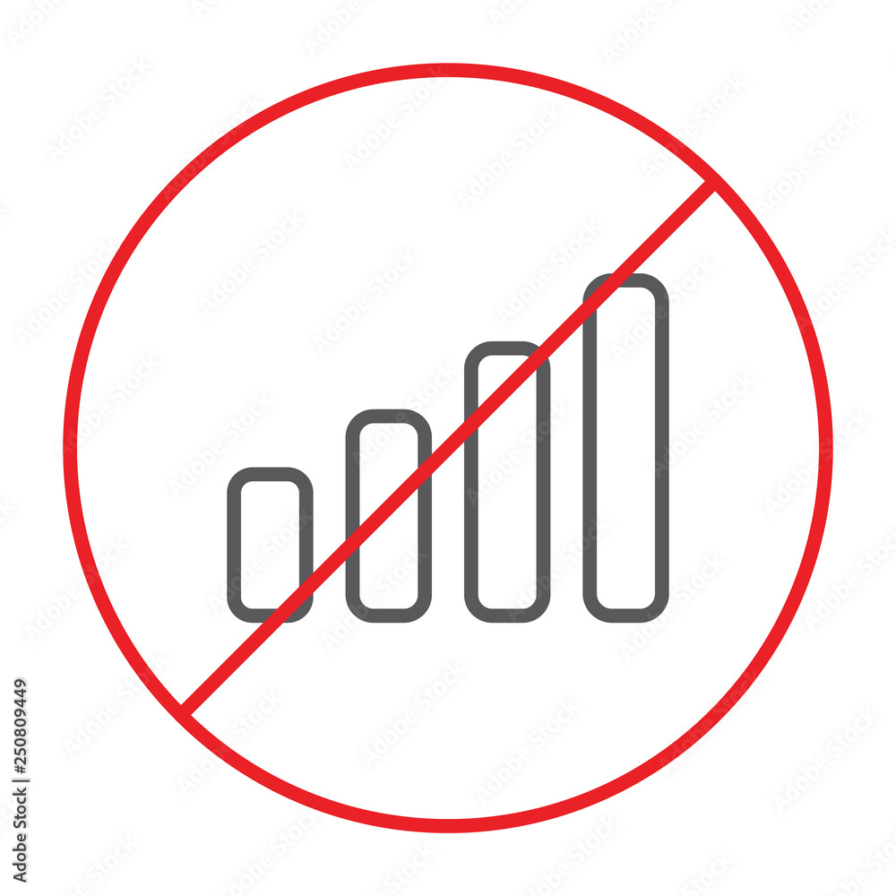 No signal thin line icon, prohibited and ban, no connection sign, vector graphics, a linear pattern on a white background. No signal thin line icon, prohibited and ban, no connection sign, vector graphics, a linear pattern on a white background.