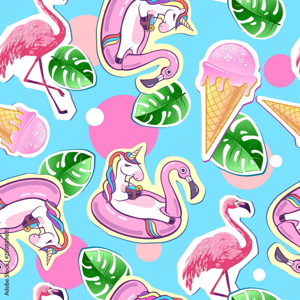 Summer seamless pattern with unicorn and flamingo. Zine Culture style summer background Summer seamless pattern with unicorn and flamingo. Zine Culture style summer background