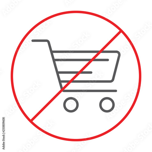 No shopping cart thin line icon, prohibited and forbidden, no shopping trolley sign, vector graphics, a linear pattern on a white background.