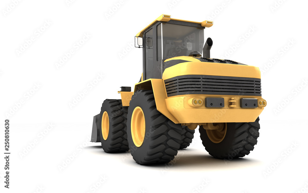 Powerful yellow wheel hydraulic bulldozer with black bucket isolated on white. 3D illustration. Perspective. Rear view. Low wide angle. Left side.