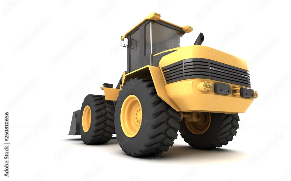 Powerful yellow wheel hydraulic bulldozer with black bucket isolated on white. 3D illustration. Perspective. Rear view. Low wide angle. Fish eye lens. Left side.