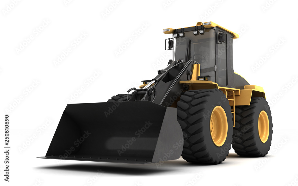 Fototapeta premium Powerful yellow wheel hydraulic bulldozer with black bucket isolated on white. 3D illustration. Perspective. Low angle. Front view. Left side.
