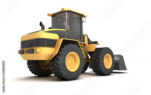 Powerful yellow wheel hydraulic bulldozer with black bucket isolated on white. 3D illustration. Perspective. Rear view. Low wide angle. Right side.