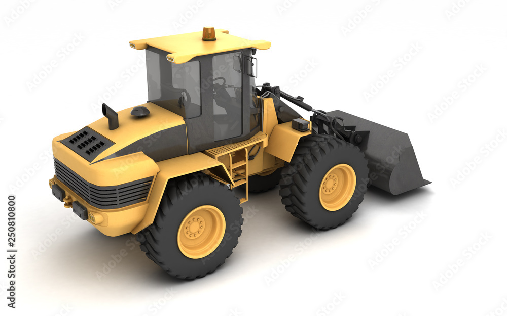 Powerful yellow hydraulic bulldozer with black bucket isolated on white. 3D illustration. Perspective. High angle. Rear view. Right side.