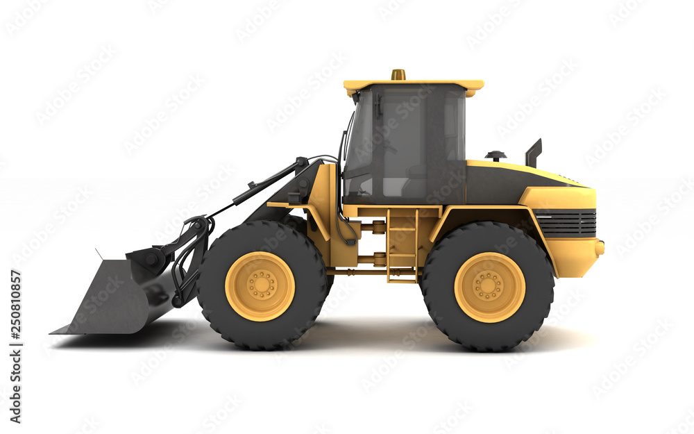 Powerful yellow hydraulic bulldozer with black bucket isolated on white. 3D illustration. Side view. Left side. Powerful yellow hydraulic bulldozer with black bucket isolated on white. 3D illustration. Side view. Left side.