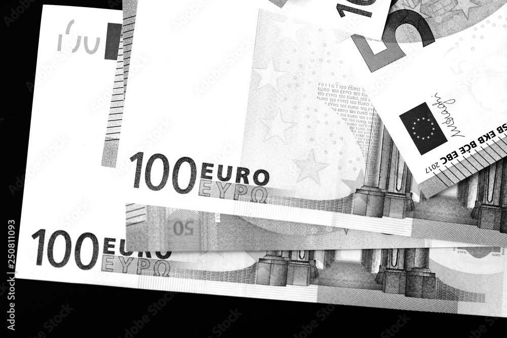 One Hundred and Fifty euro banknotes close up in black and white style