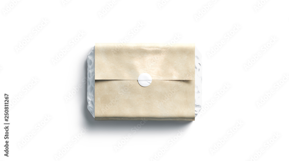 Blank white adhesive round sticker on craft wrapping paper mockup, 3d rendering. Empty kraft delivery from post office mock up, top view. Clear luxury boxing with glue tag template. Blank white adhesive round sticker on craft wrapping paper mockup, 3d rendering. Empty kraft delivery from post office mock up, top view. Clear luxury boxing with glue tag template.