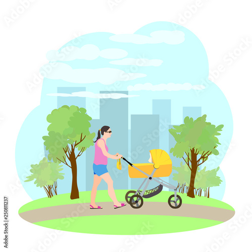 Woman walking with baby carriage on the urban background.