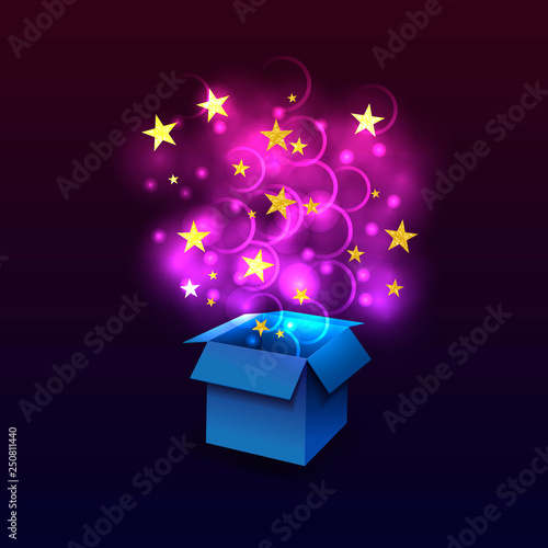 Vector Box with Fying Outside Magic Lights, Glittering Textured Stars, Blue and Ultra Violet Color.