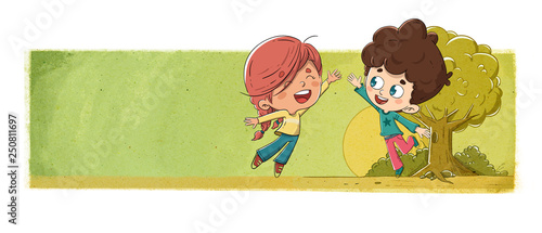 Niños jugando en el parque chocando la mano