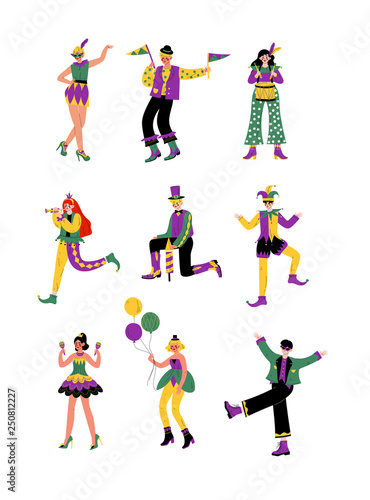 Circus Artists Set, Stage Comedian Performer in Bright Costumes Performing at Show Vector Illustration