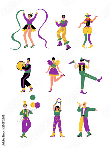 Circus Artists Set, Comedian Performer in Bright Colorful Costumes Performing at Show Vector Illustration