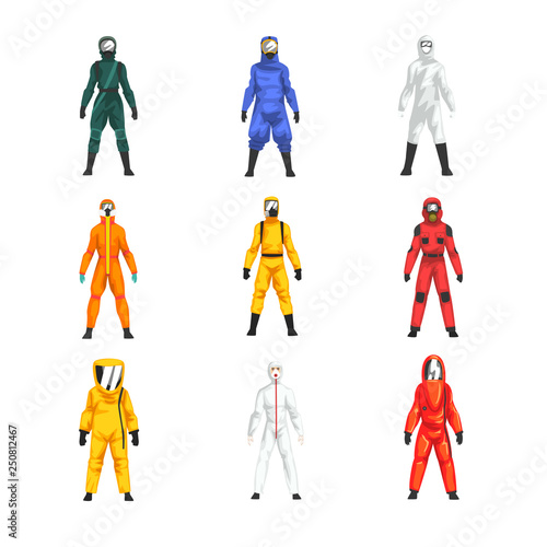 Different Workers in Protective Suits and Helmets Set, Professional Protective Uniform Vector Illustration