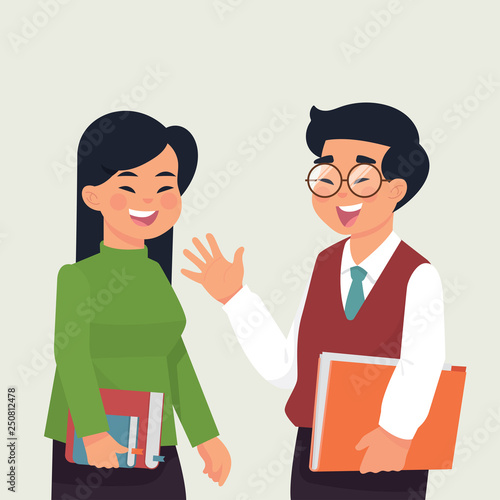 vector illustration two asian students have chat. students girl and boy look smart holding books