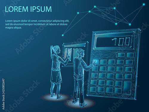 Calculator. Financial calculations, accountant. Accounting, bookkeeping, audit debit and credit calculations. Low polygonal geometric vector illustration