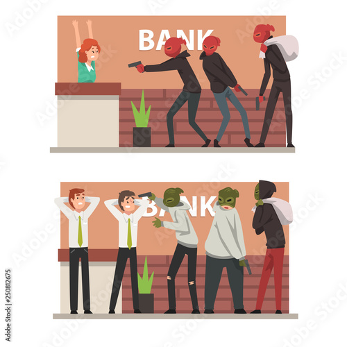 Bank Robbery Set, Armed Masked Burglars Threatening Employees Committing Theft Vector Illustration