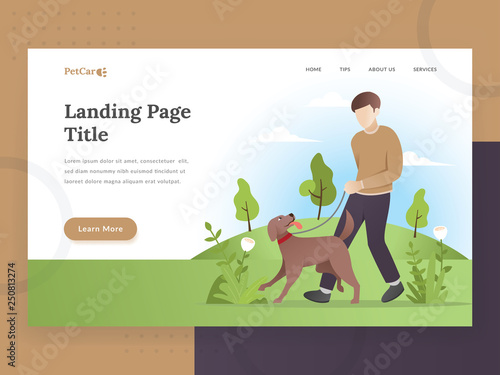 Landing page template of Pet care. Modern flat design concept of web page design for Pet care, pet store website. Illustration of a man walking with a dog. Young man with his dog. Pet vector character