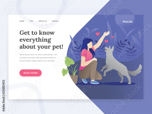 Landing page template of Pet life. Modern flat design concept of web page design for Pet stores, pet consults website. Illustration of a woman playing with a dog. Young woman with her dog. Pet vector