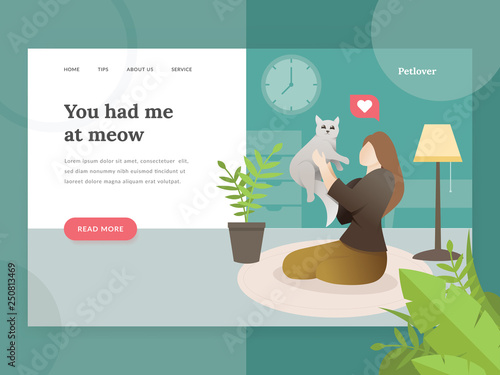 Landing page template of Pet lovers. Modern flat design concept of web page design for pet store website. Illustration of a Woman holding a cat. Young woman with her cat. Vector character