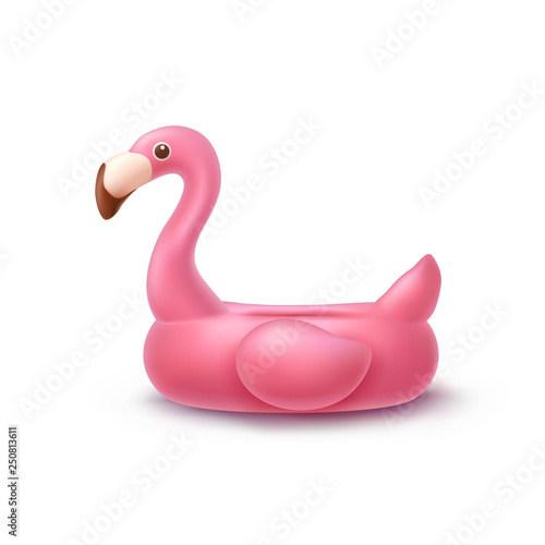 Flamingo isolated on white background. Pink inflatable swimming pool ring. Vector 3d float vacation icon. Summer beach toy template.
