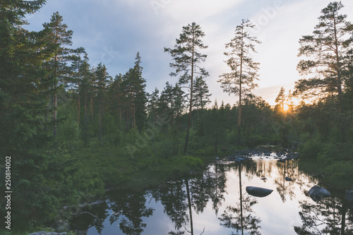 Sonnenuntergang über Bachlauf im Wald mit Spiegelungen auf glatter Wasseroberfläche photo