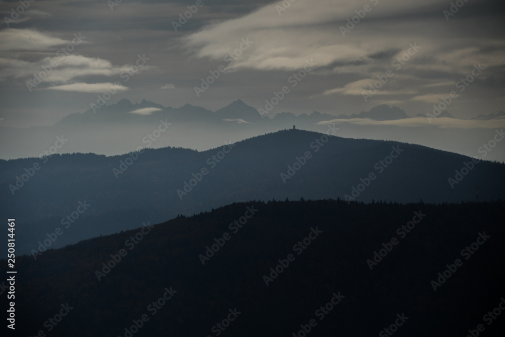 Panorama of the Tatra Mountains from the top of Mogielica in Beskid Wyspowy, Poland