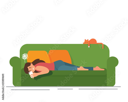 vector illustration a girl lying down on a couch feeling upset looking at her phone. 