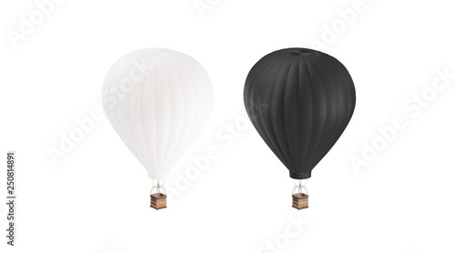 Blank black and white balloon with hot air mockup set, isolated, 3d rendering. Empty airship with gasbag mock up. Clear ballon for adventure or expedition. Transportation on large dirigible template.