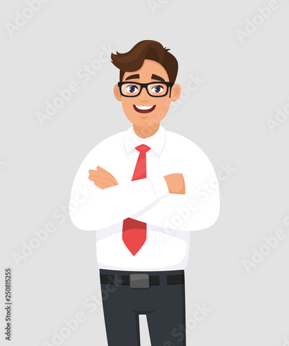 Portrait of handsome young man in white shirt and red tie keeping arms crossed, with eyeglasses. Businessman standing with folded arms pose against gray/grey background in vector cartoon illustration.