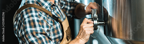 Fotografie cropped view of professional male brewer working with brewery equipment