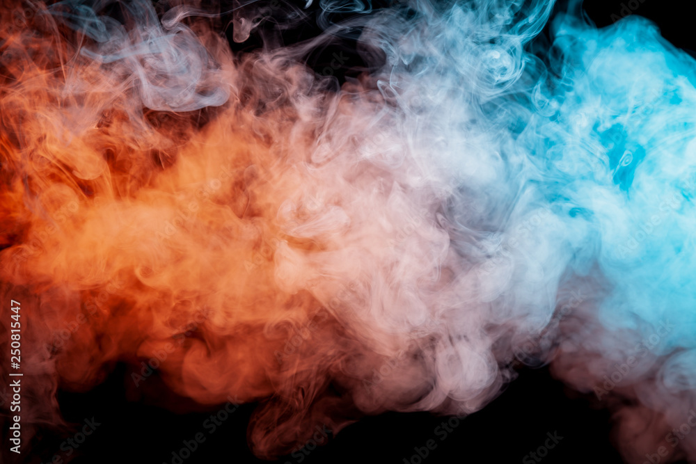 Background of orange, purple, red and blue wavy smoke on a black isolated ground. Abstract pattern of steam from vape of smoothly rising clubs. Mocap and print for t-shirt.