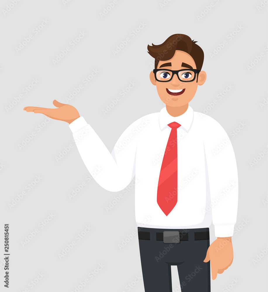Portrait of businessman showing/pointing hand to copy space side away with open palm, concept of advertisement product, introduce something. Man shows presenting gesture or sign. Cartoon illustration. Portrait of businessman showing/pointing hand to copy space side away with open palm, concept of advertisement product, introduce something. Man shows presenting gesture or sign. Cartoon illustration.