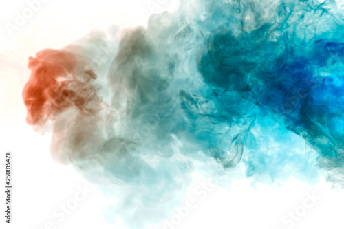 The texture of grey smoke is like a watercolor on a white background with transitions of matter between blue and red like a chemical reaction exhaled from a vape electronic cigarette. T-shirt print.